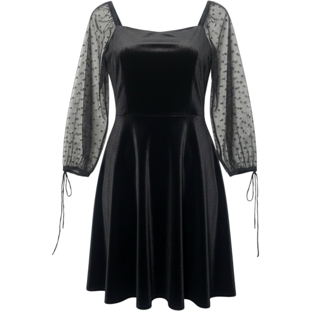Rare Editions VTG Girls 16 Black Velvet Dress Sheer Mesh Sleeves Fall Whimsigoth